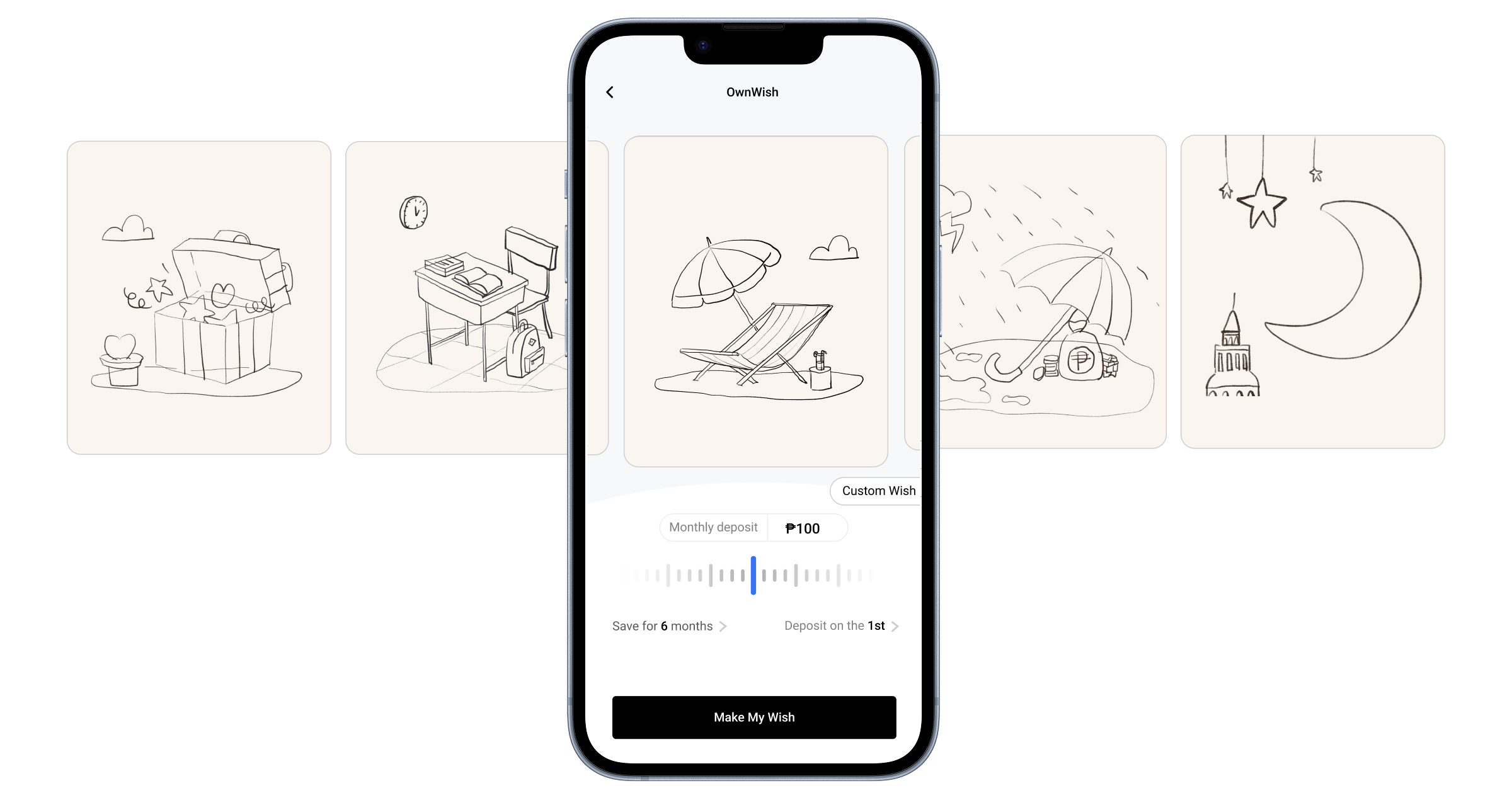 Illustrated life-goal cards shown alongside the Own Wish goal setup screen