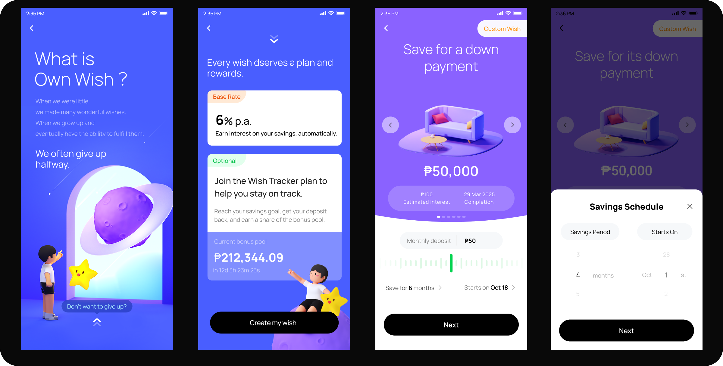 Own Wish onboarding: what is Own Wish, plan and rewards, savings goal setup, savings schedule