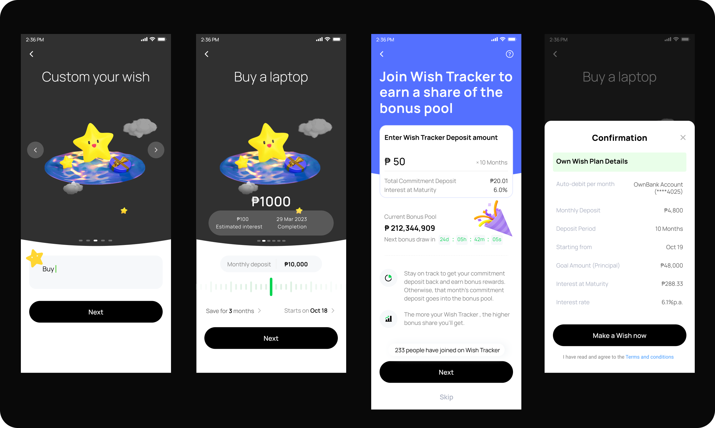 Custom wish, Wish Tracker deposit setup, and confirmation screens