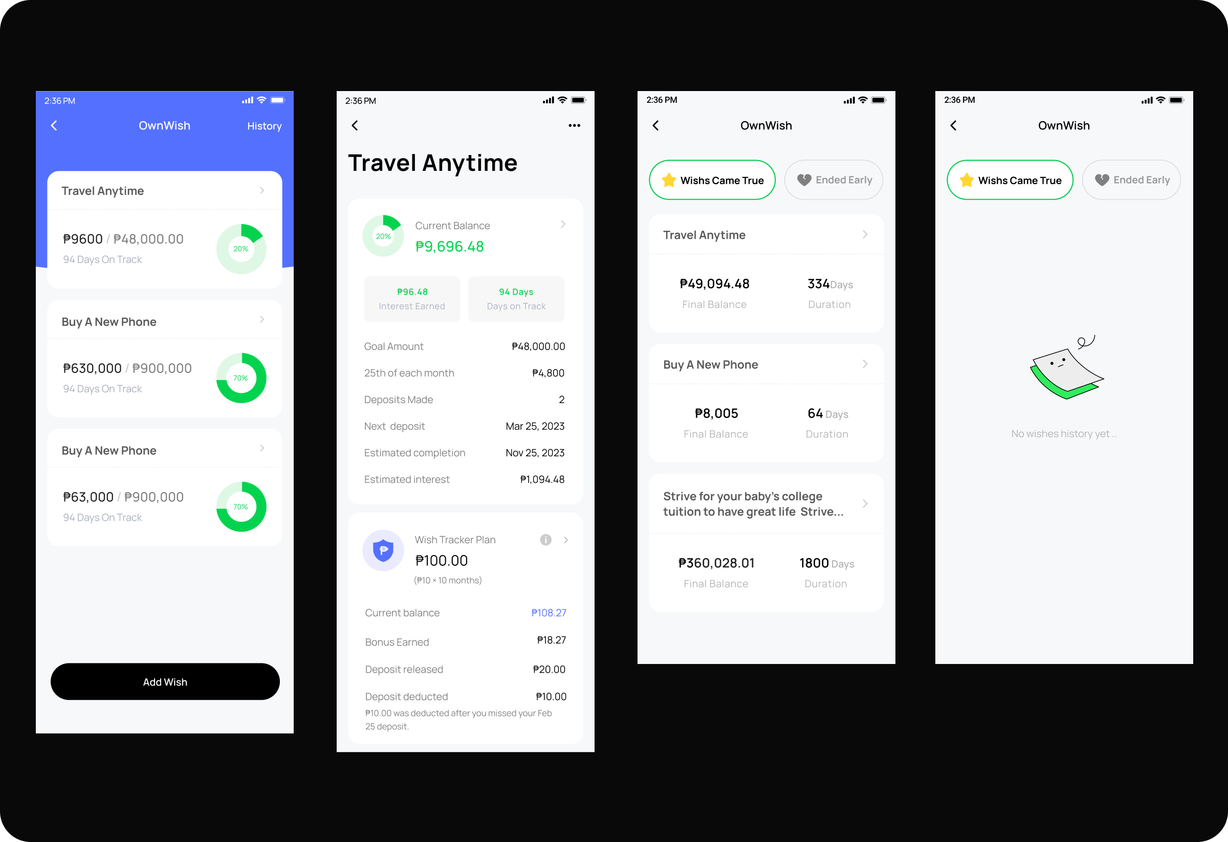 Own Wish dashboard, wish detail, and wish history screens