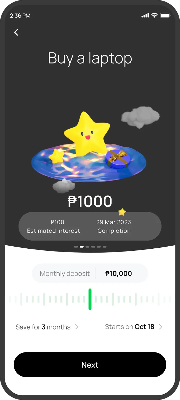 Custom wish screen: Buy a laptop, ₱1000
