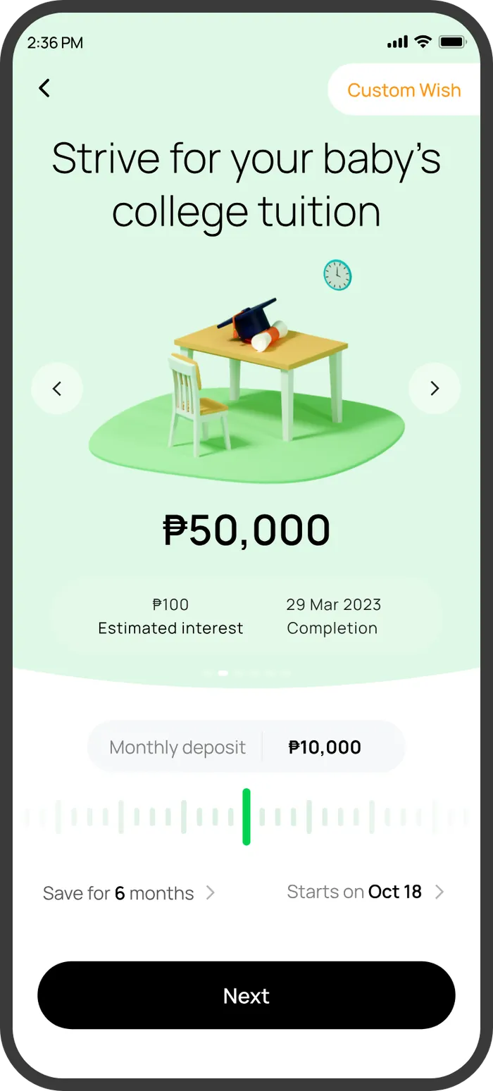 Default wish screen: Strive for your baby's college tuition, ₱50,000