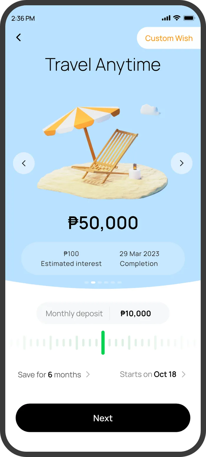 Default wish screen: Travel Anytime, ₱50,000