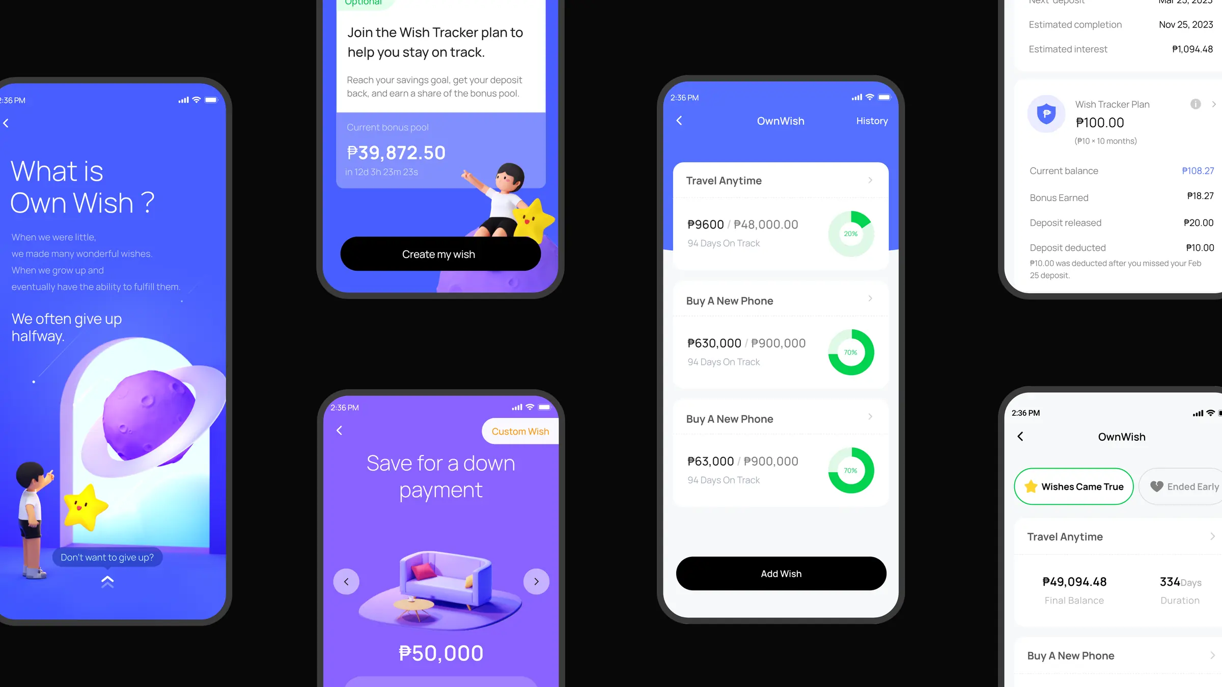 Own Wish screens: What is Own Wish landing page, Wish Tracker plan with bonus pool, default wish setup, wish dashboard with progress rings, Wish Tracker plan details, and completed wishes