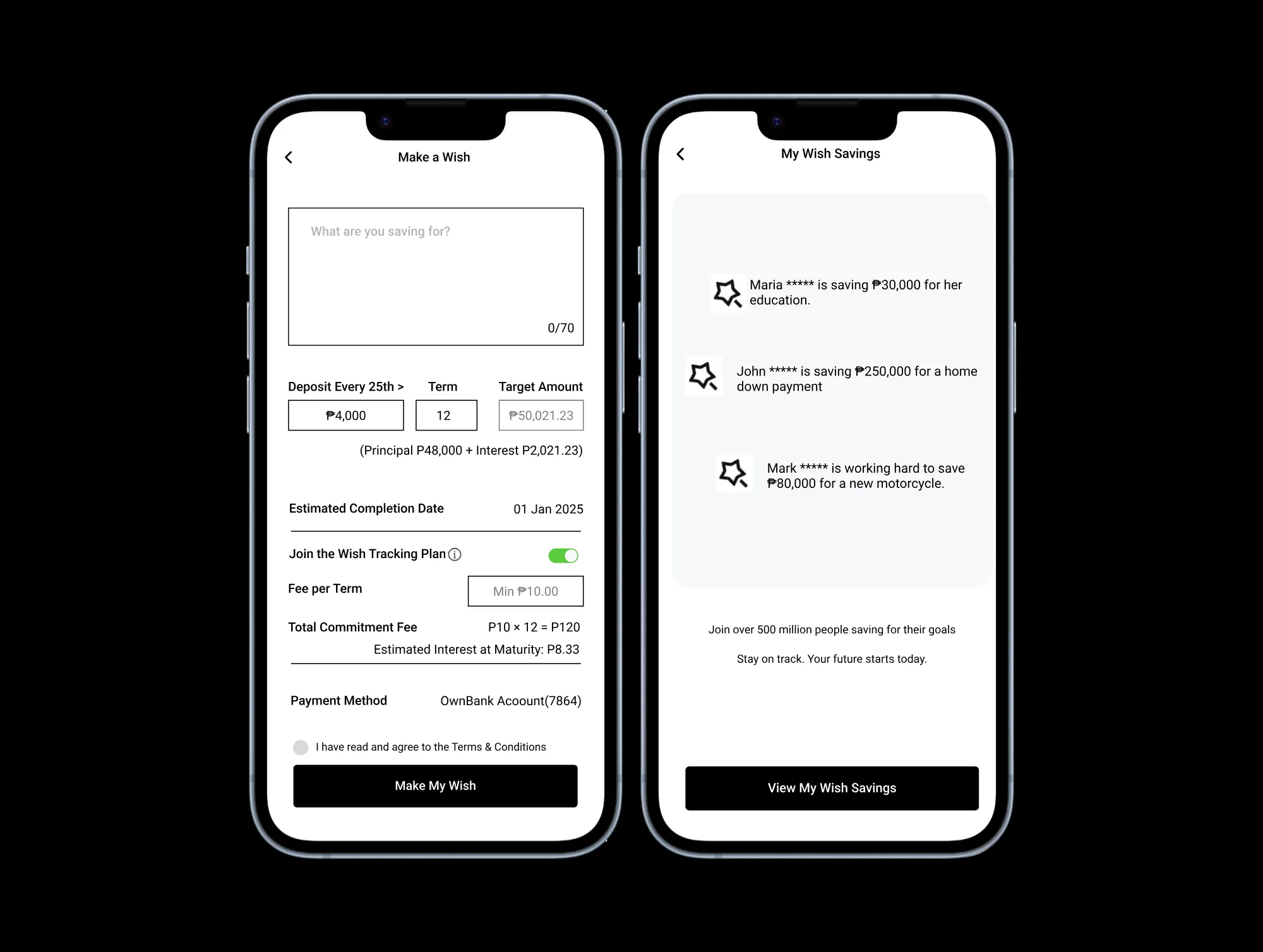Initial prototype, two screens. Make a Wish: goal, deposit day, term, target amount, Wish Tracking Plan toggle, fees and payment method. My Wish Savings: examples of other users' savings goals and a View My Wish Savings button.