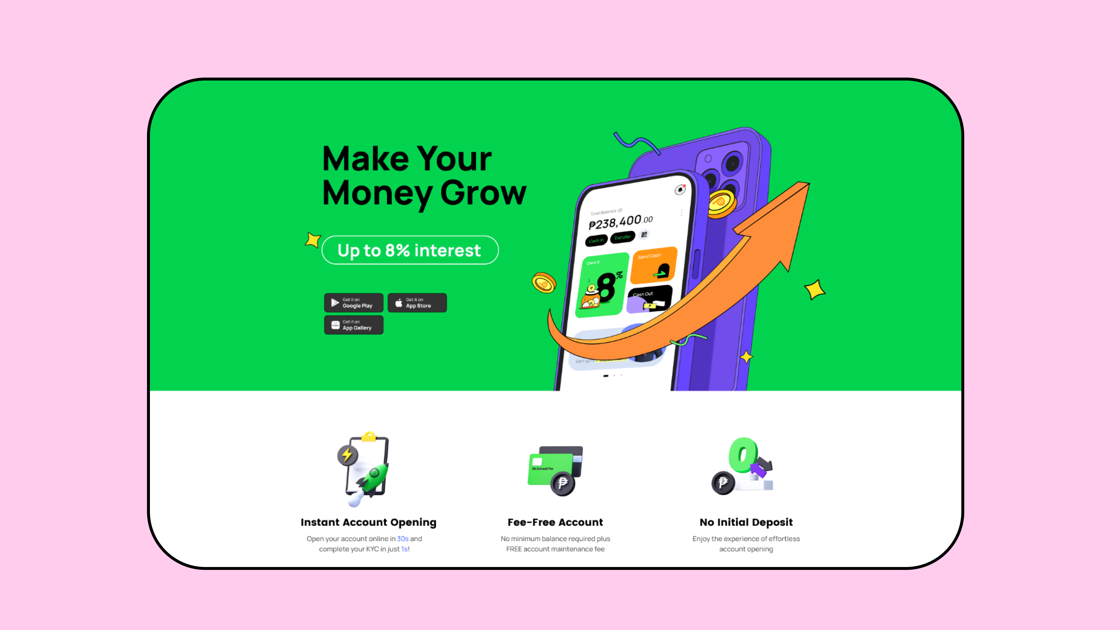 OwnBank website landing page with the Make Your Money Grow hero and three account benefits