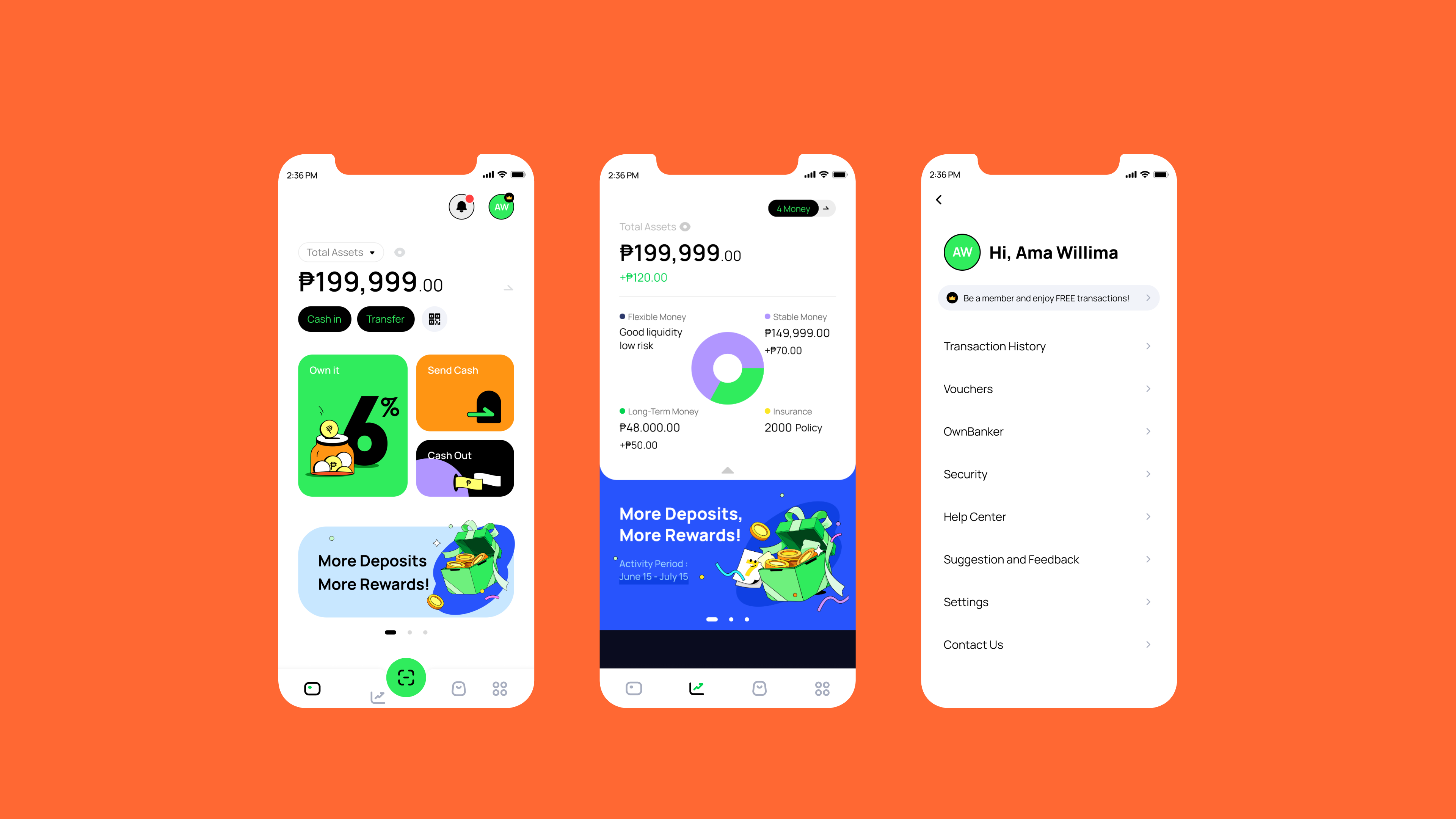 App screens: total assets home, asset breakdown, and account menu