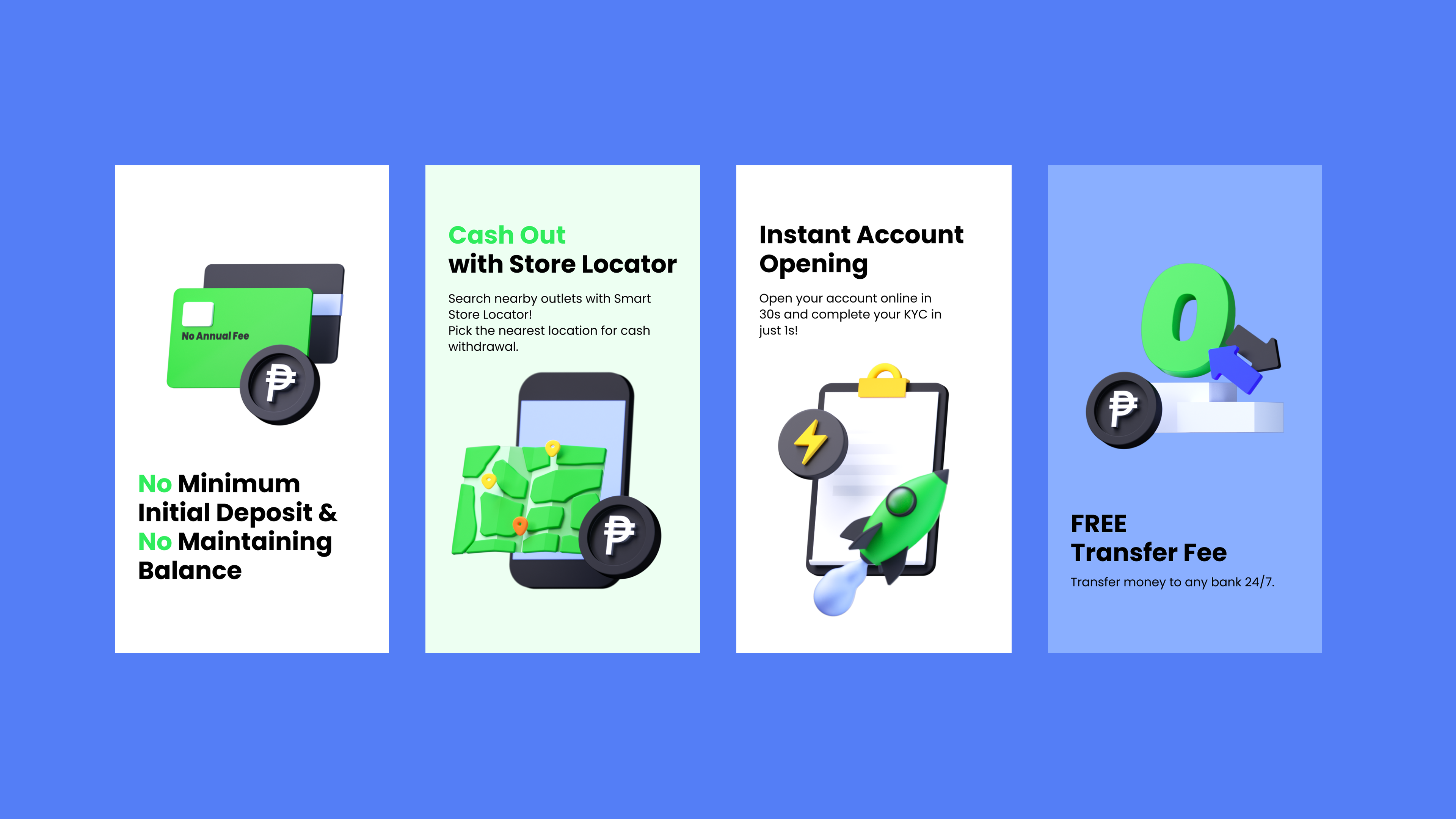 Four feature cards: no minimum balance, cash out with store locator, instant account opening, free transfer fee