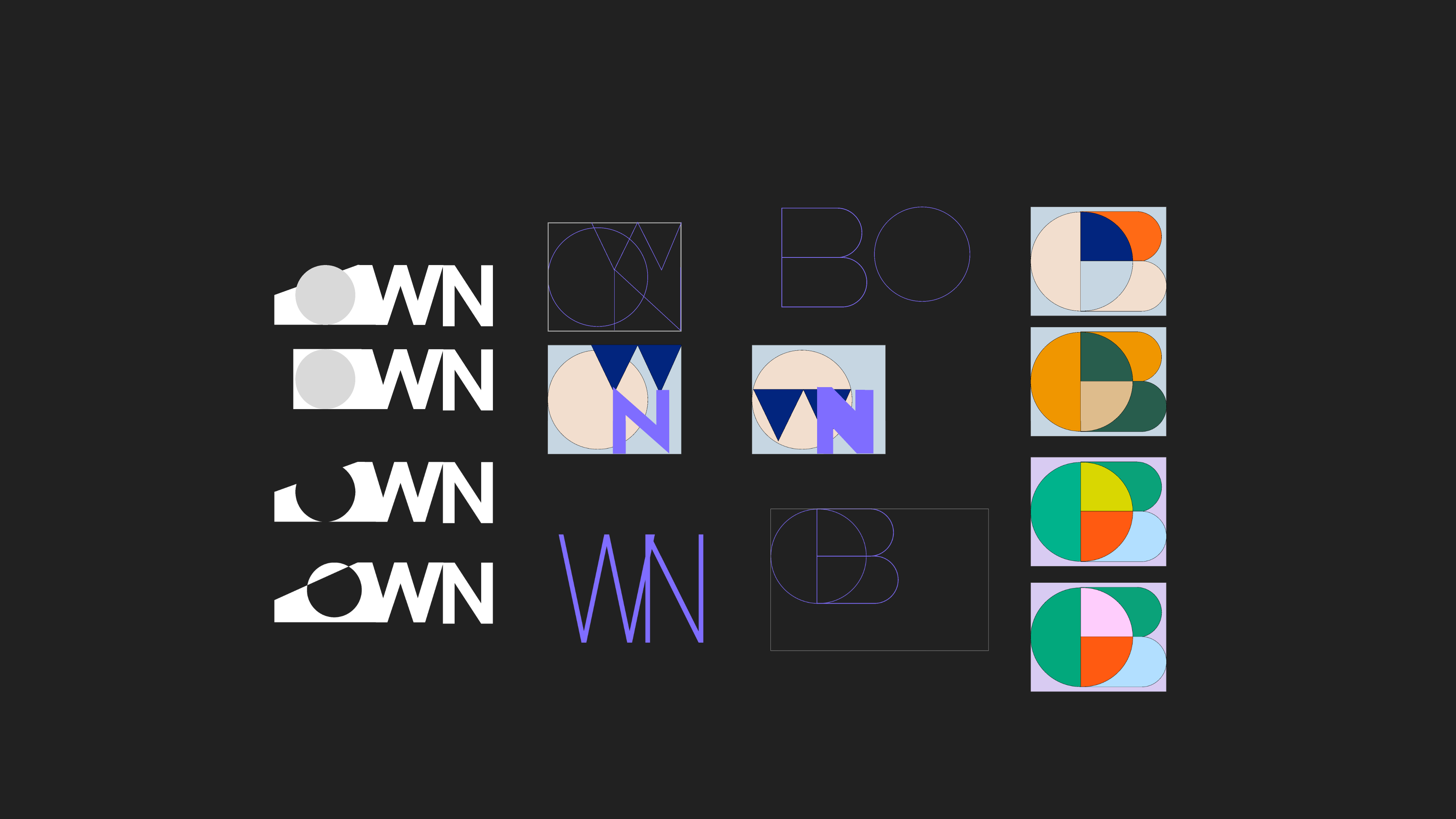 Logo lockup variations and the geometric construction behind the OWN BANK mark, with colour pattern blocks