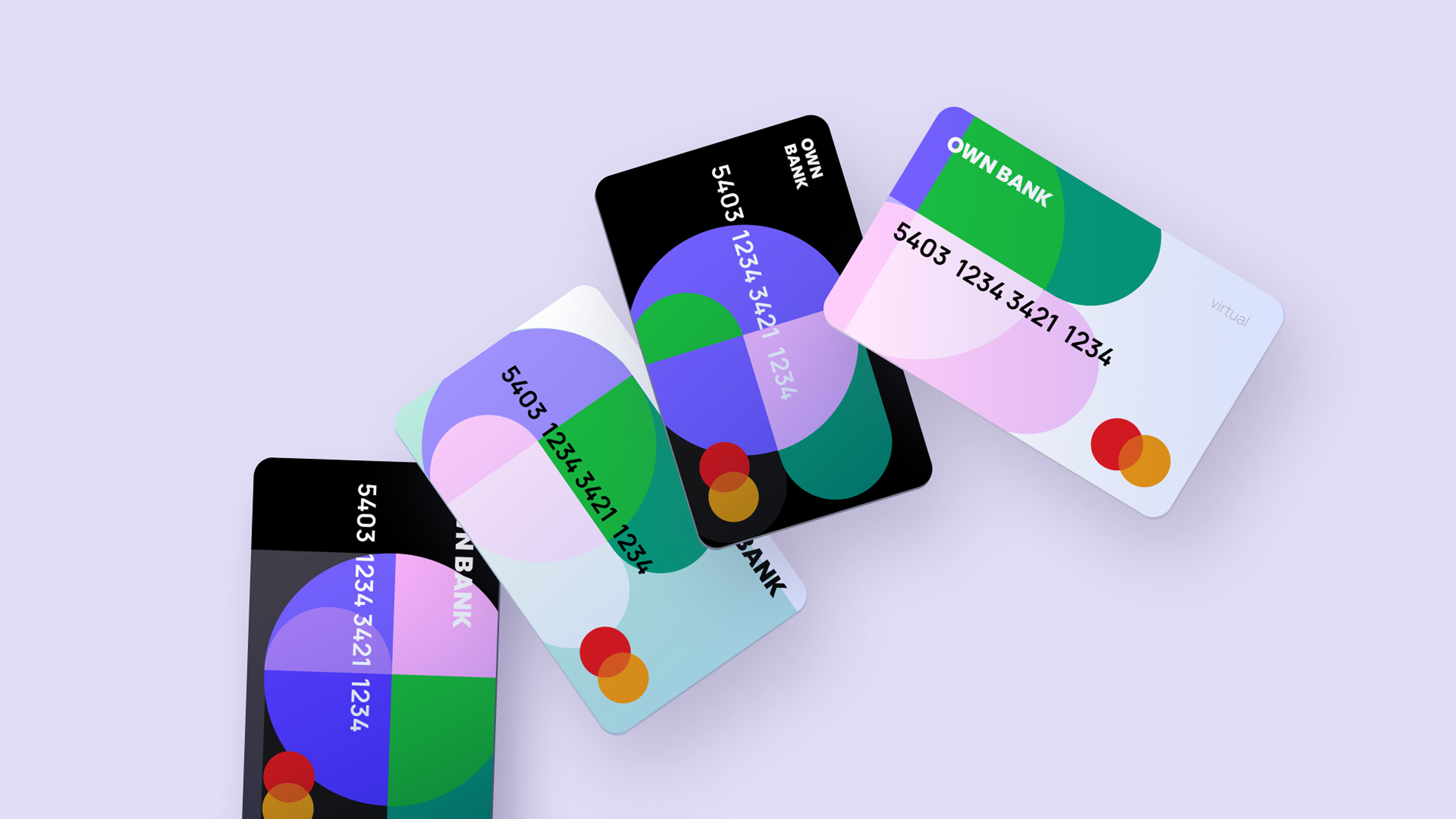 Four OwnBank payment card designs in black, mint, lilac and white