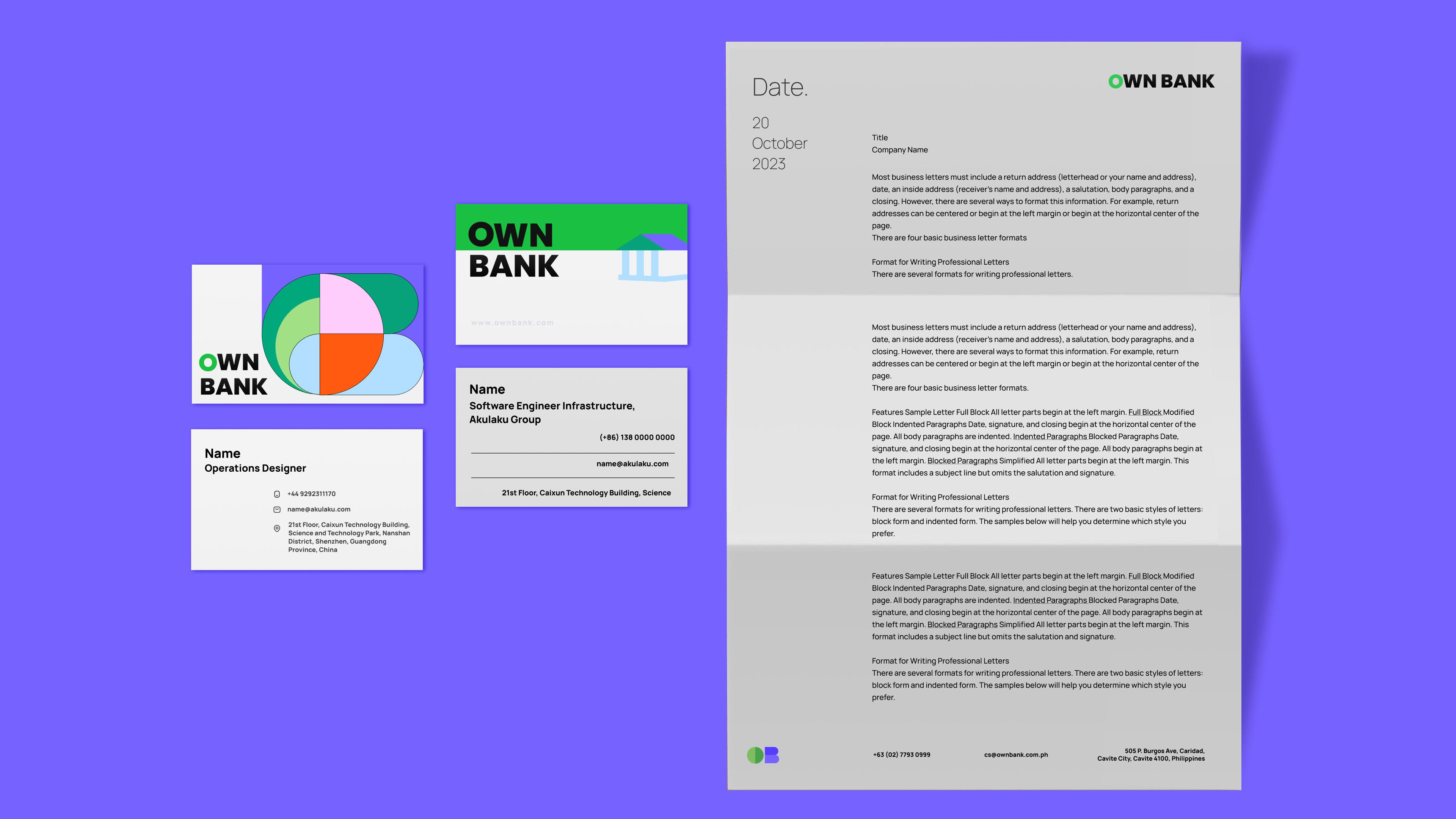 Stationery set: business cards and letterhead on a violet background