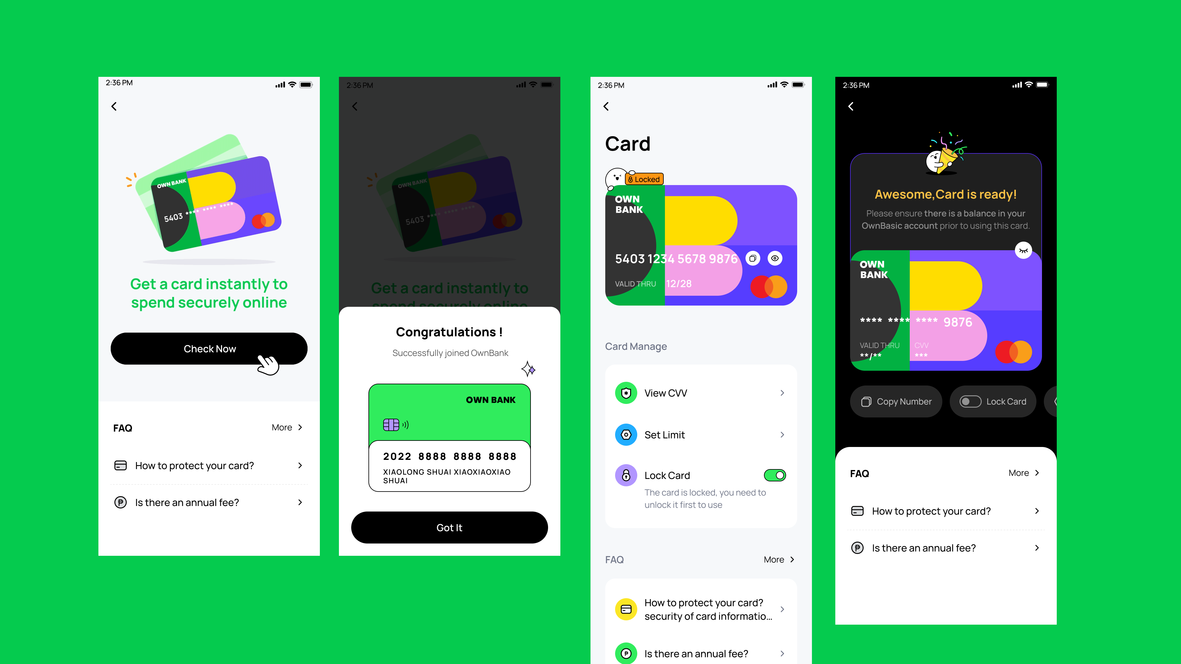 Card flow screens: instant card offer, activation confirmation, card management, and card ready state